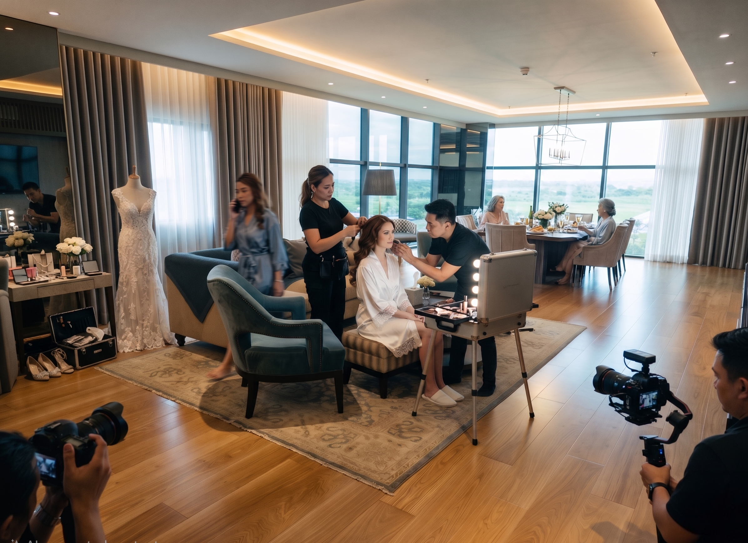 Bride getting ready in the suite room